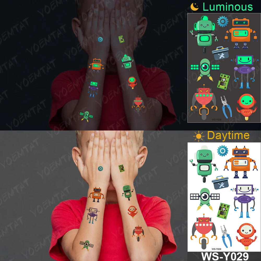 Waterproof Temporary Tattoo Sticker Luminous Children's Kids Fake Tattoos Flash Robot Alien Sun Demon Tatoo Body Art Fake Tatto