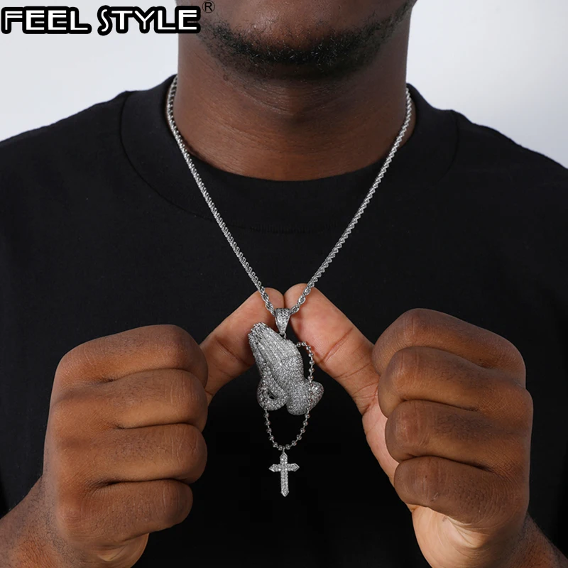 Bling Cubic Zirconia Iced Out Praying Hands Cross Necklaces & Pendants For Men Hip Hop Jewelry With Tennis Chain