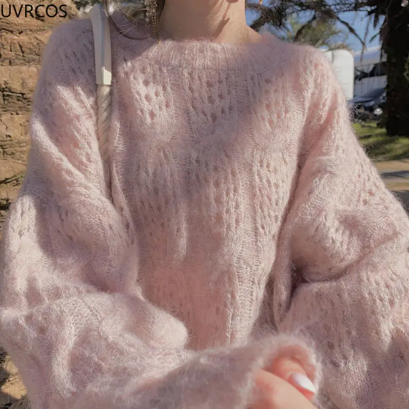 Women Mohair Soft Thin Sweaters Retro Hollowed Rib Knitted Pullovers Sweet Girls O-neck Loose Sweatshirt Elegant Korean Clothing