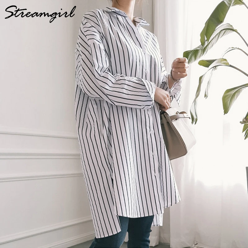 Oversize Blue Striped Shirt Women Tunic 2021 Autumn Cotton Blouse Office Tunic for women White Shirt Oversize Long Sleeve Shirts