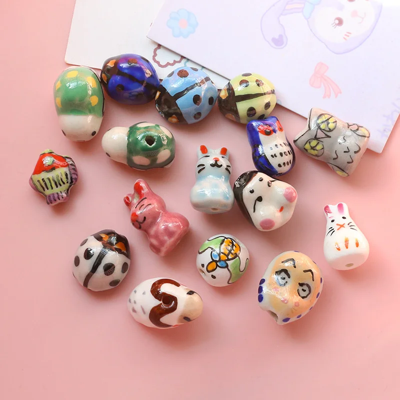 5PCS Cartoon Hand-painted Wind Cute Ladybug Owl Head Ceramic Beads Diy Handmade Jewelry Earrings Pendant Accessories