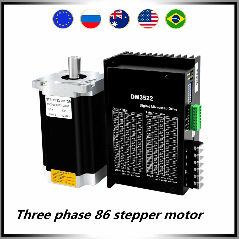 

Three phase stepper motor 86BYG350B 4Nm / 86BYG350C 6Nm / 86BYG350D 8Nm / 86BYG350E 12Nm + driver DM3522 AC 110-240V for CNC