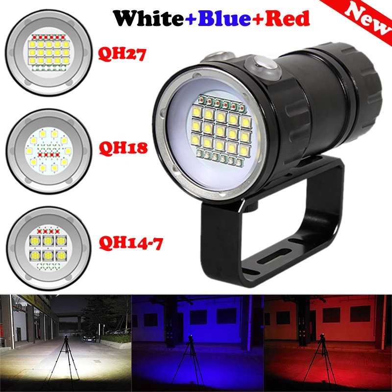 Professional QH14/18/27 LED Scuba Diving Flashlight White&Red&Blue Underwater 80m Waterproof Photography Camera Video Fill Light