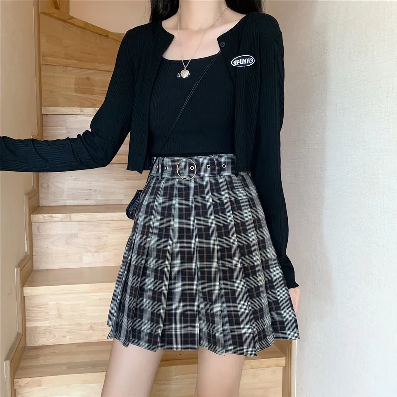 Minifalda plisada a cuadros para mujer, faldas sexys de cintura alta, ropa de calle Harajuku, Estilo Vintage, para Cosplay, color negro, para otoño