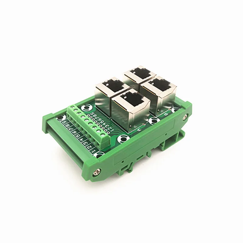 DIN Rail Mount Network Interface Module RJ45 8P8C Vertical Jack 4-Way With shielding Buss Breakout Board, Terminal Block, Connec