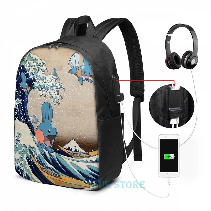 Funny Graphic print Mudkip Wave USB Charge Backpack men School bags Women bag Travel laptop bag