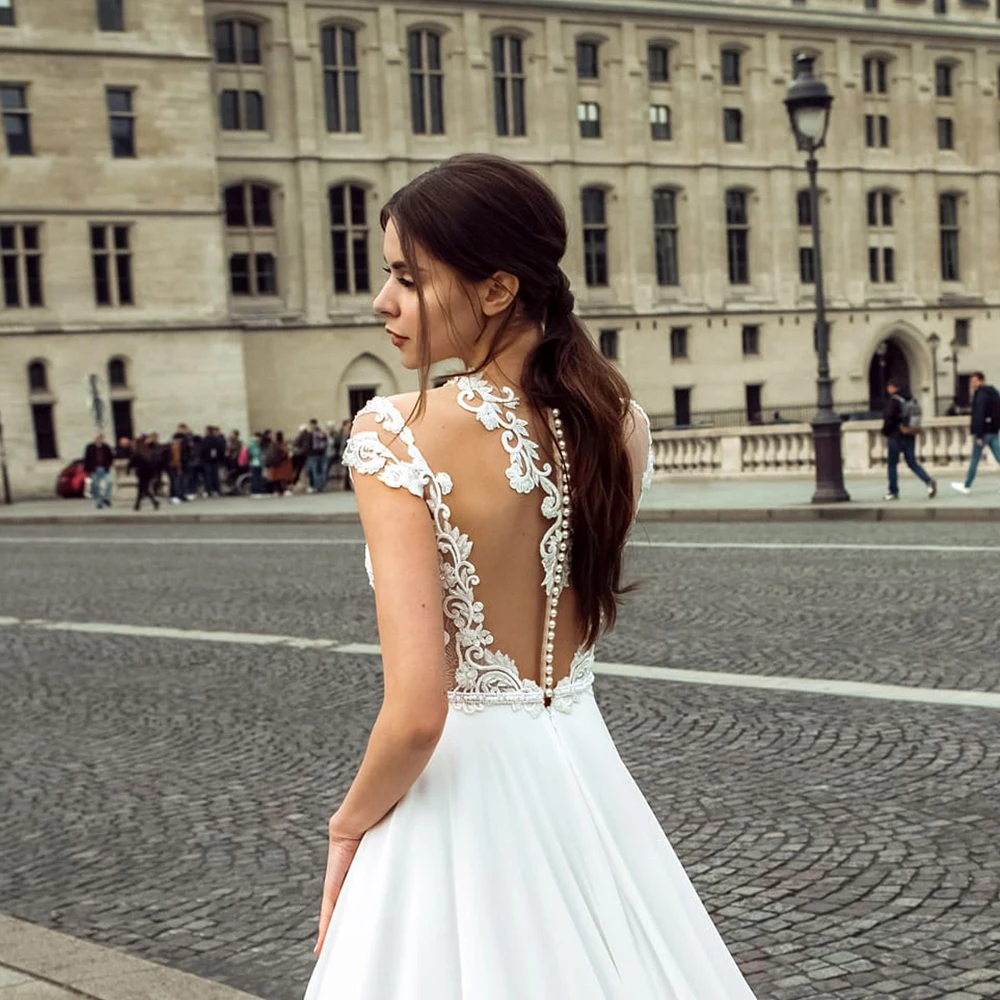 Vestido De novia De playa De gasa personalizado 2025, vestido De novia bohemio con abertura y cuello redondo, ilusión De encaje con perlas, Vestidos De novia