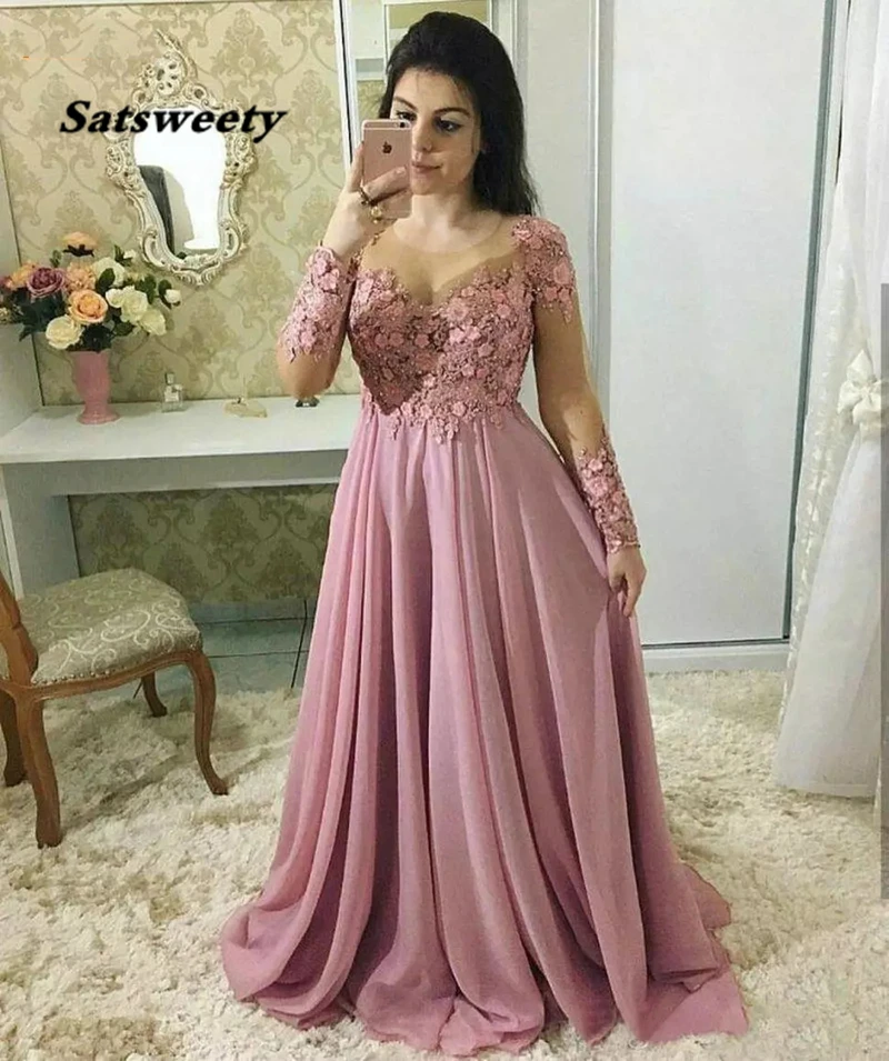 Graziosi abiti da ballo in chiffon rosa in maschera, maniche lunghe, scollo a O, applicazioni in pizzo, abiti da ballo con perline, abito formale da donna personalizzato