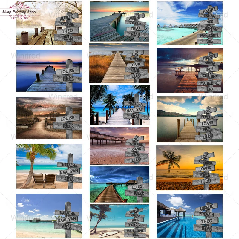 

5D DIY Road Sign Diamond Painting Custom Names and Day Landscape Seascape Personalized Full Round Diamond Embroidery Wall Art