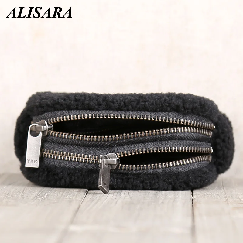 Alisara Women's Storage Coin Purses First Layer Sheepskin Top Quality Plush Leather Organizer Coin Pouch Fashion Zipper Wallets