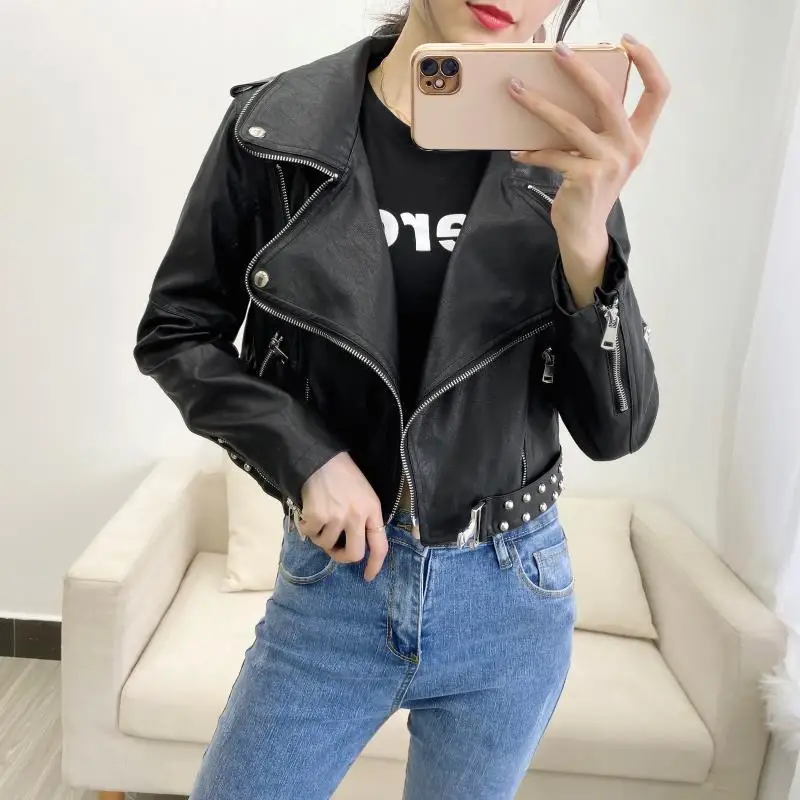 Black Beige Red Short Faux Leather Jacket Women Fashion Rivet Spring Autumn 2024 Korean Motorcycle Biker Jacket Female Outerwear