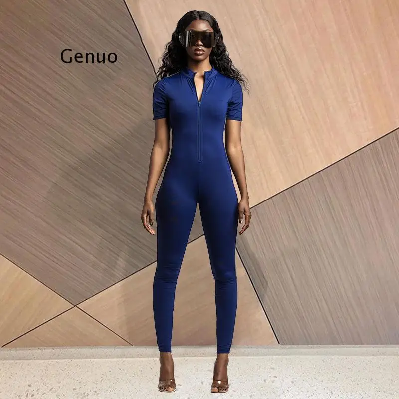 

Black Solid Jumpsuit Women One Piece Outfit Elastic Slim Rompsuit Female Bodycon Short Sleeve Jumpsuit Ladies Streetwear