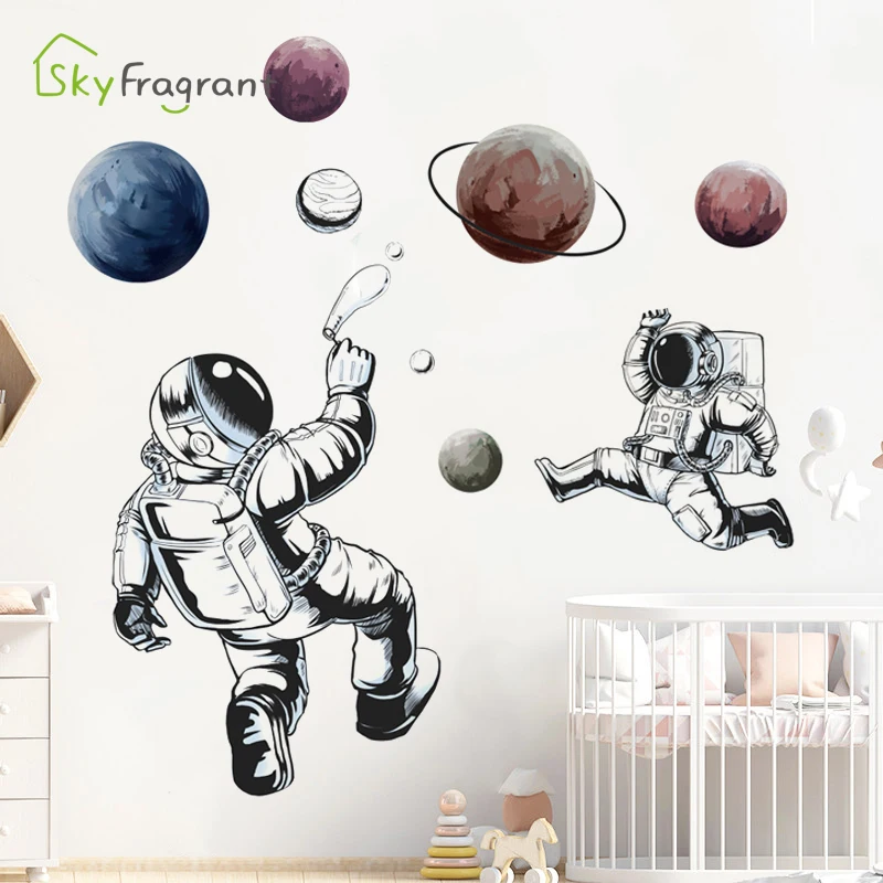 Cartoon Wall Sticker Astronaut Space Planet Boys Bedroom Decoration Living Room Wall Decor Self-adhesive Stickers Home Decor