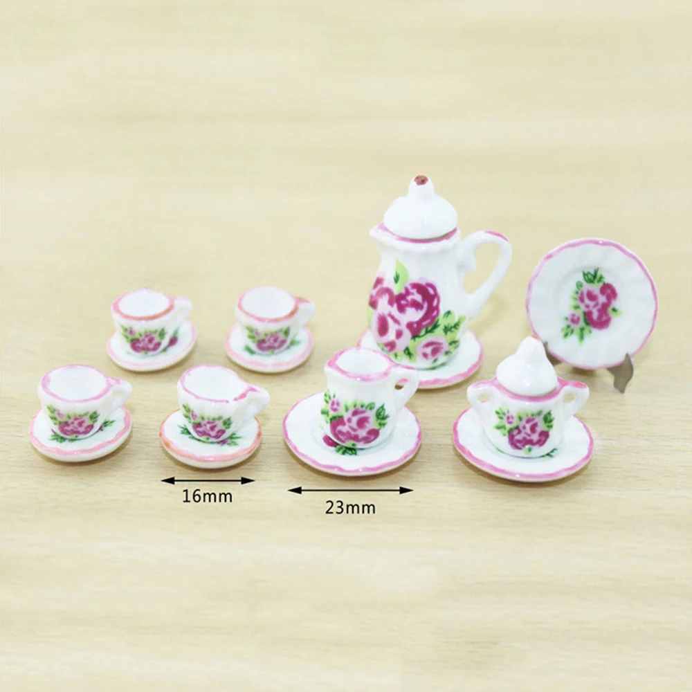 15Pcs 1/12 Dollhouse Miniature Accessories Mini Ceramic Tea Set Simulation Kettle Cup Plate Model Doll House Decoration