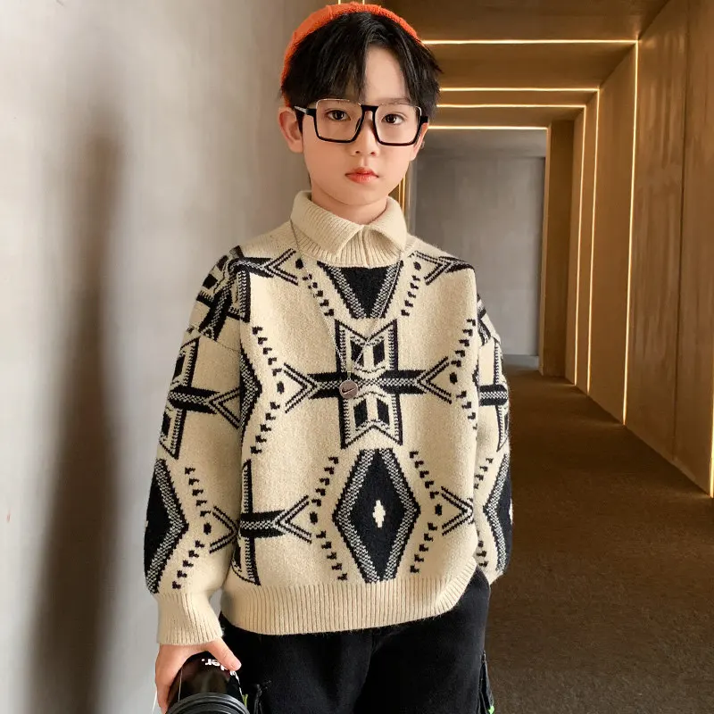 Korean Style Kids Thicken Knit Turtleneck Baby Boys Sweater Children Fashion Print Warm Sweater Winter Teenage Clothes 5-14Years