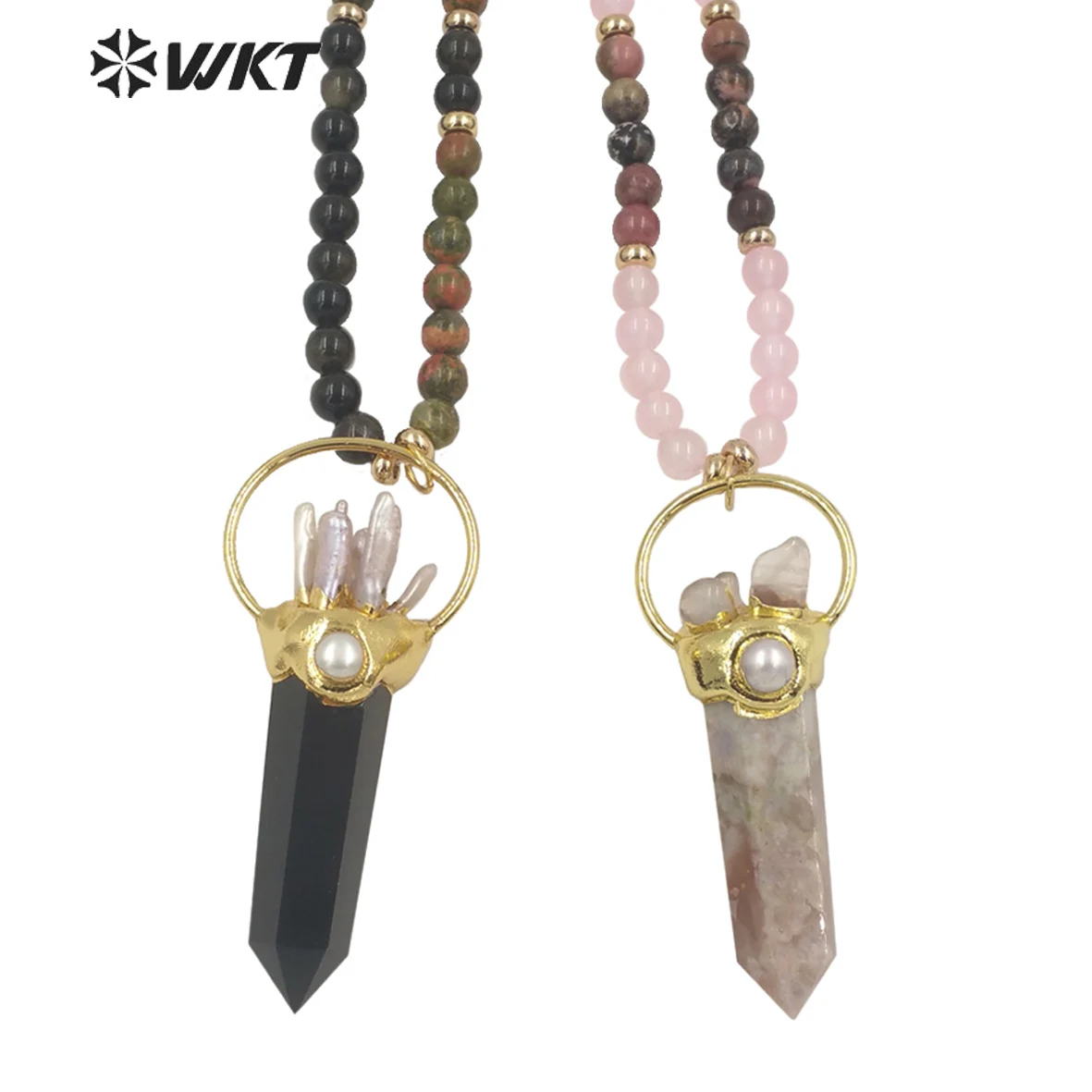 

WT-N1338 WKT Unique Design Long Bullet Shaped Pendant Natural Stone Necklace Small Bead Chain Punk Style Lady Necklace Jewelry