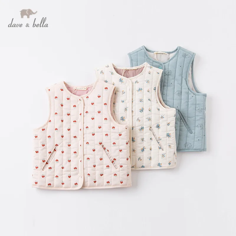 DB16375 dave bella winter kids girls cute print padded pockets button coat children fashion sleeveless vest