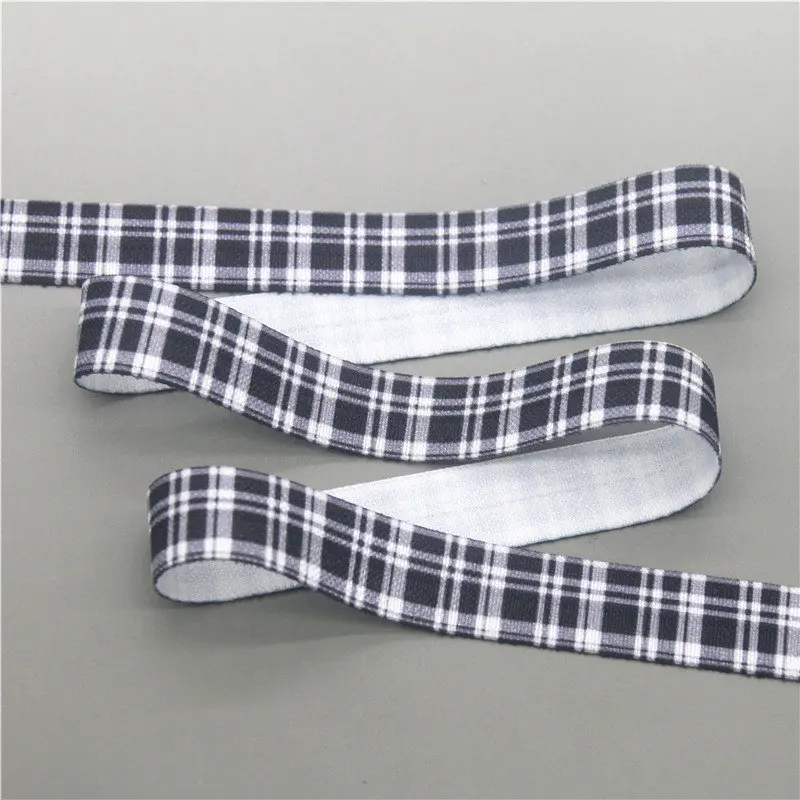 DHK 5/8'' 5yards Plaid Grid printed Fold Elastic FOE stretch ribbon hairbow headwear headband DIY OEM E1907