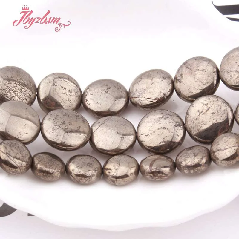 8.10.12mm Natural Coin Pyrite Smooth Loose Beads Natural Stone Beads for DIY Women Necklace Bracelet Jewelry Making Strand 15\