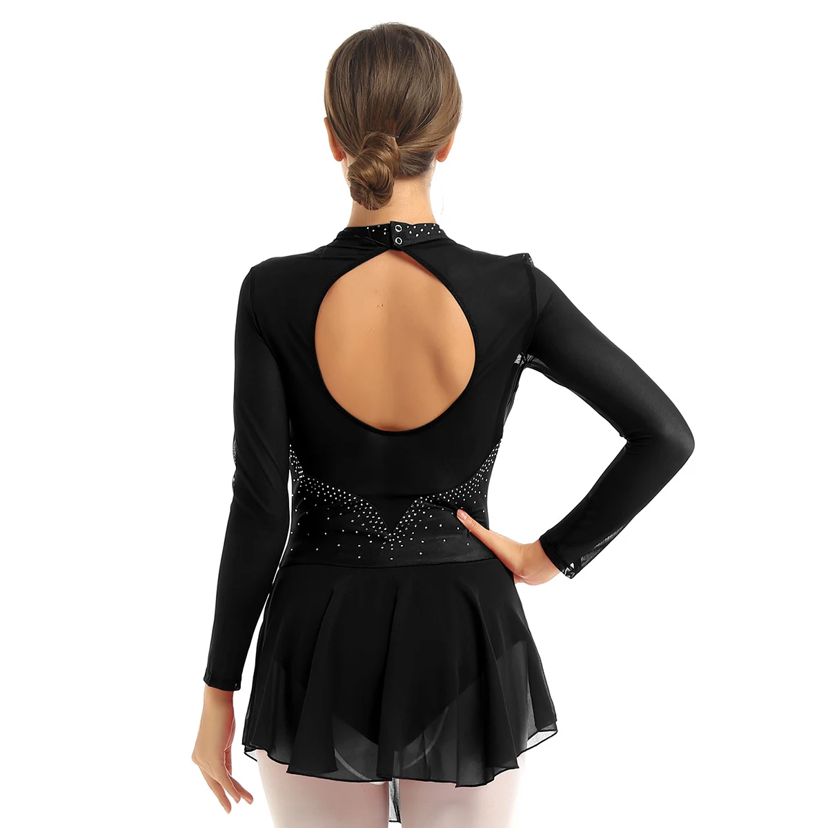 Frauen Eiskunstlauf Kleid Ballett Tutu Gymnastik Trikot Langarm Sheer Netz Glänzenden Strass Dancewear Bühne Zeigen Kostüm