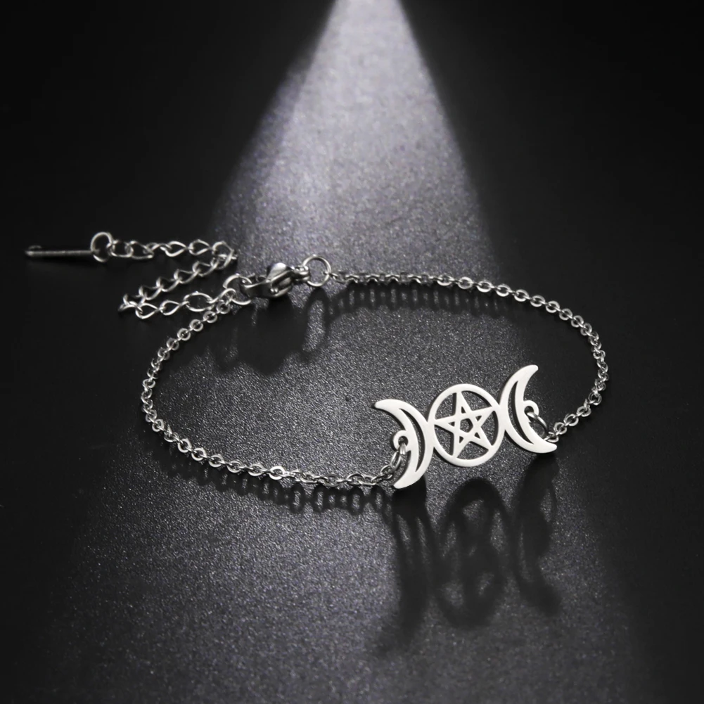 Dreifache Mondgöttin-Armbänder für Männer und Frauen, Edelstahl, Pentagramm, Wicca-Charm-Armbänder, magisches Pentagramm, Hexe, Schmuck, Geschenk – Detail 5
