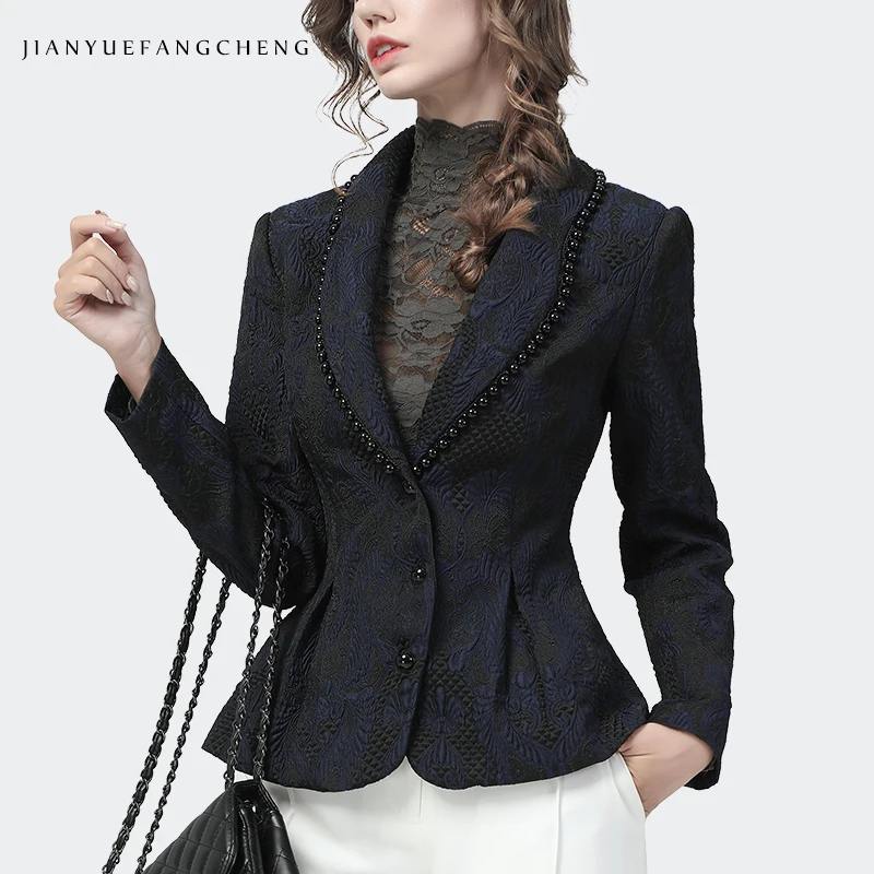 Ladylike Dark Blue Vintage Jacquard Blazer Women Elegant Slim Short Embroidery Beading Outwear Coat 2021 Autumn New Chic Tops