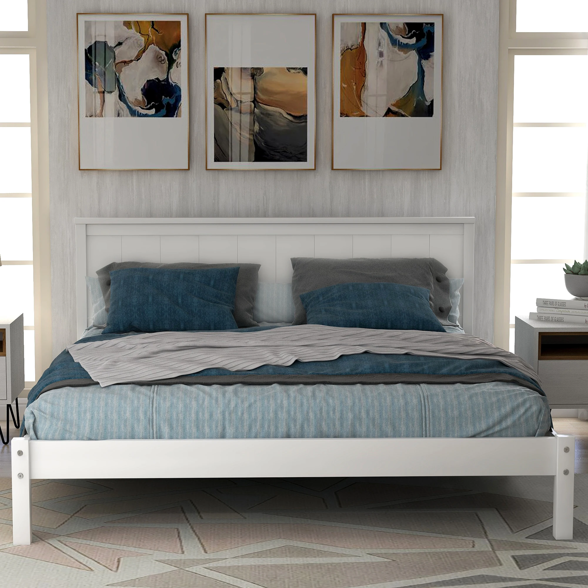 Two Colors Beds Wood Platform Bed with Headboard  Wood Slat Full