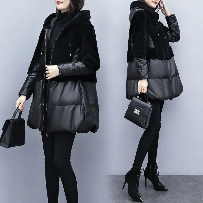 

Casual Black Parkas Women Fashion Winter Patchwork PU Leather Coats Women Elegant Long Cotton Jackets Female Ladies