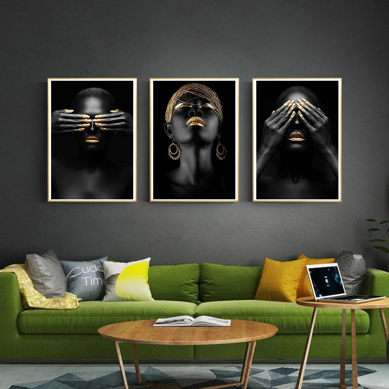 African Art Black and Gold Woman Oil Painting on Canvas Cuadros Posters and Prints Scandinavian Wall Art Picture for Living Room