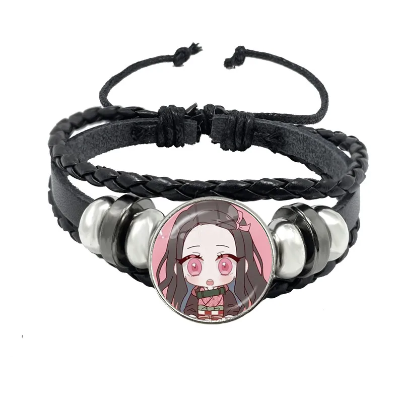 Anime Demon Slayer: Kimetsu No Yaiba Kamado Tanjirou Cosplay Bracelet Cartoon Collect Glass Cabochon Leather Bangle Jewelry Gift