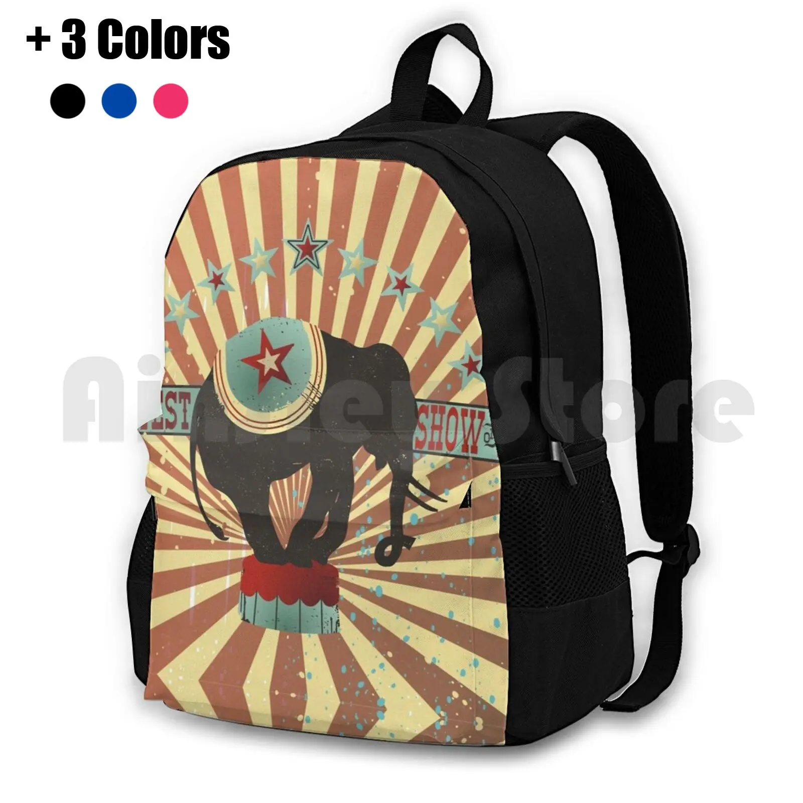 Vintage Style Circus Elephant Big Top Stripes Outdoor Hiking Backpack Waterproof Camping Travel Circus Elephant Vintage Retro