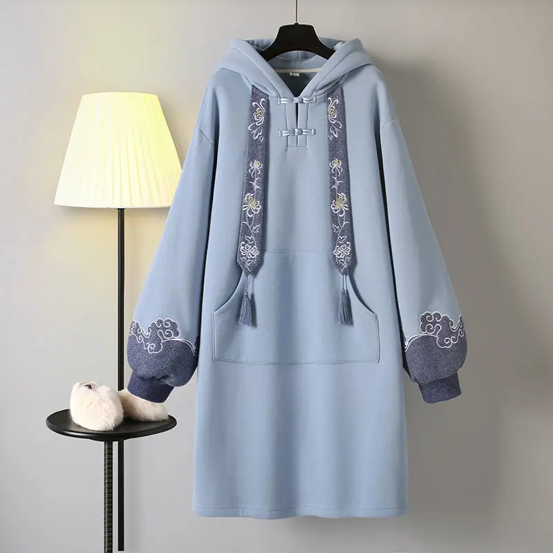 2021 Chinese Style Hoodies Stitching Vestido Cheongsam Oversized Embroidery Sweatshirt Dress Spring Women Buckle Thick Dresses