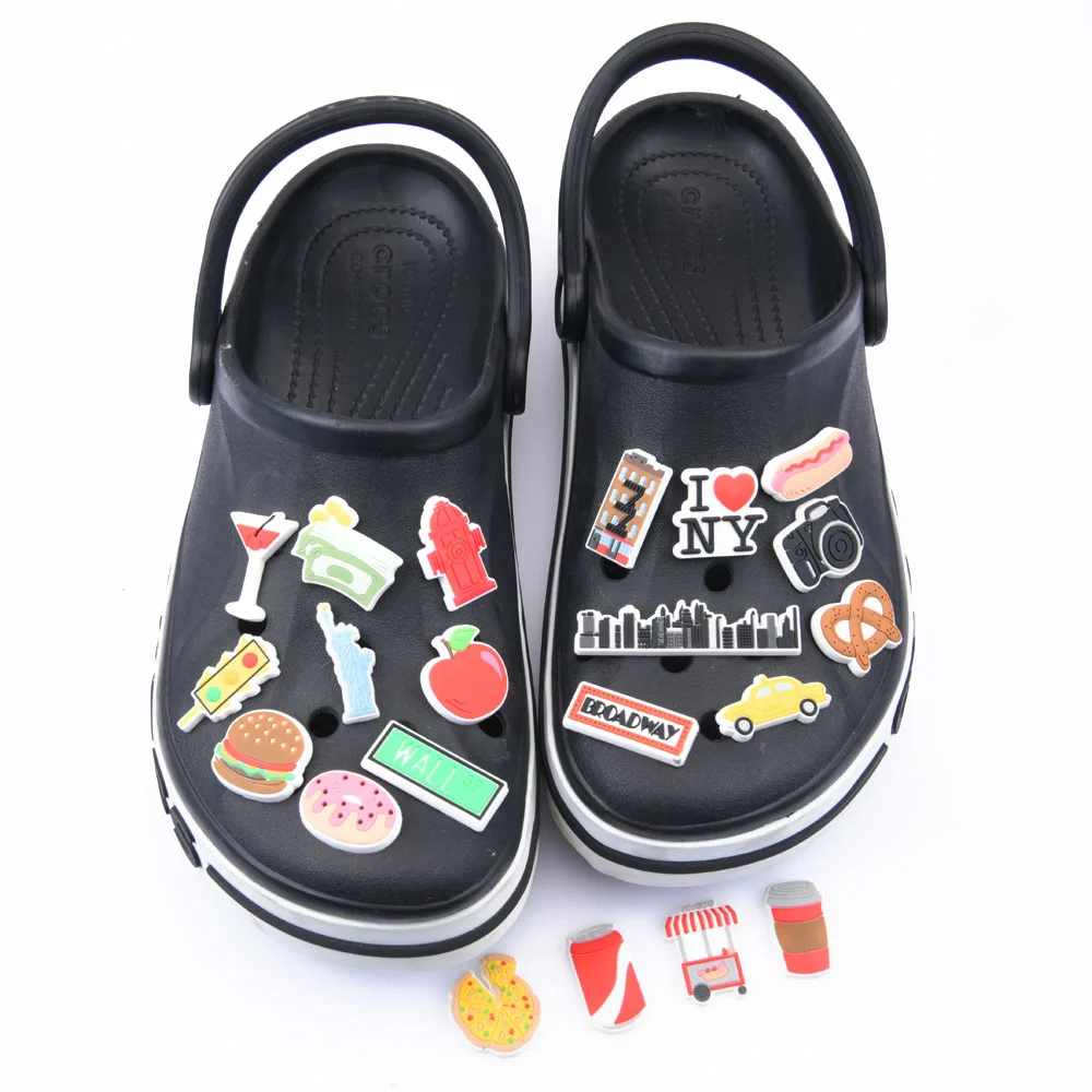 Hot Sale 1 Pcs Shoe Charms American New York Classic Logo Shoes Decorations Pizza Hamburger Hot Dog Bracelet Accessories