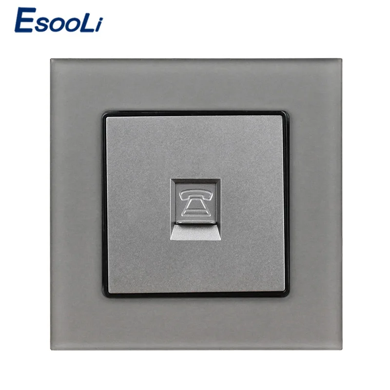 

Esooli Grey Luxury Crystal Glass Panel 1 Gang RJ11 2 Core Telephone Connector Wall Socket Outlet 86*86 mm