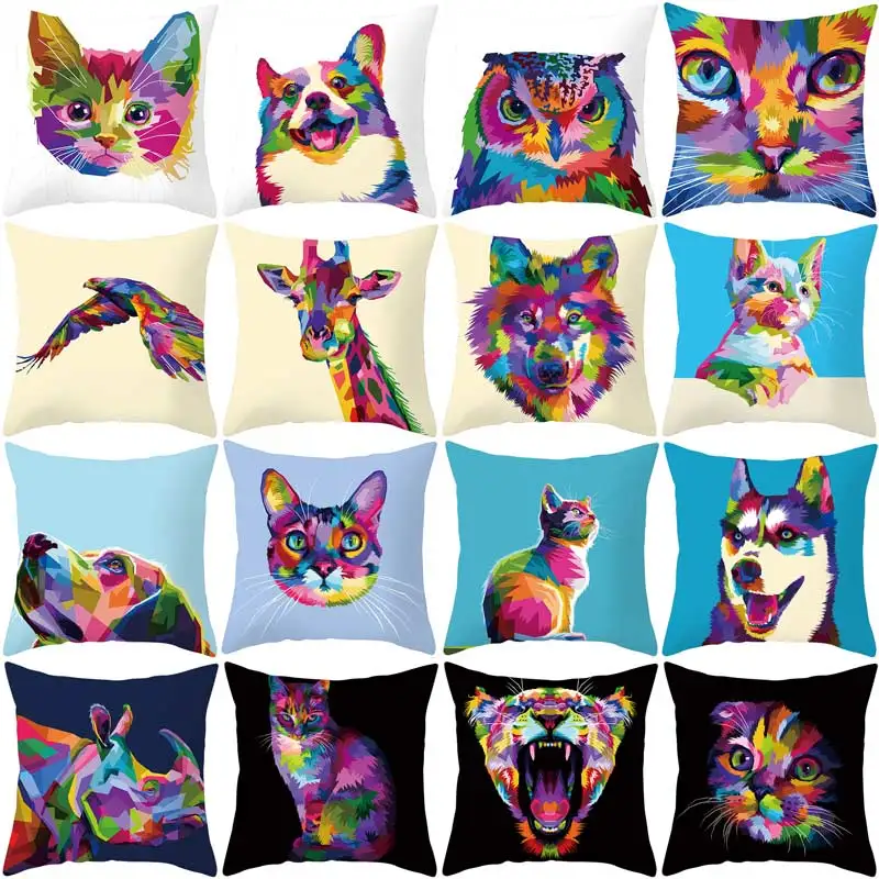 

Watercolor Painting Dog Cushion Cover Colorful Cat Polyester Throw Pillow Case For Sofa Home Decorative Pillowcase Cushion Cover