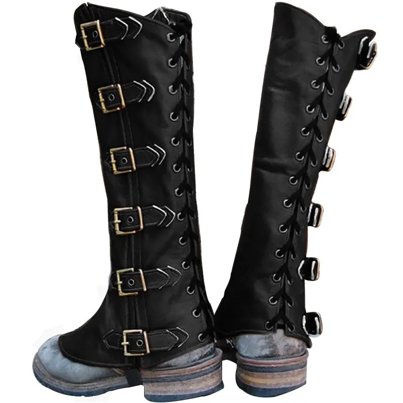 Mittelalterlichen Viking Rüstung Leder Chaps Spitze Up Schnalle Schuhe Stiefel Abdeckung Steampunk Vintage Wandern Gamasche Männer Frauen Larp Ritter