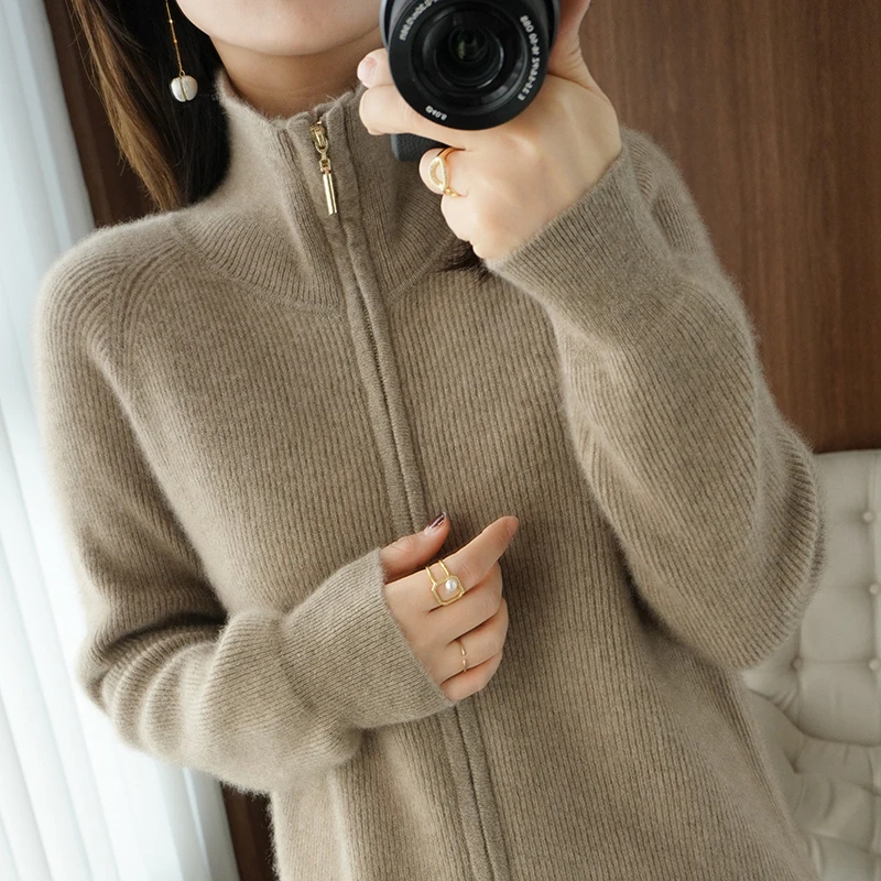 Autumn and Winter Women 100% Wool Cashmere Sweater Ladies Zipper Lapel Cardigan Warm Knitted Clothing Women Bottoming Tops