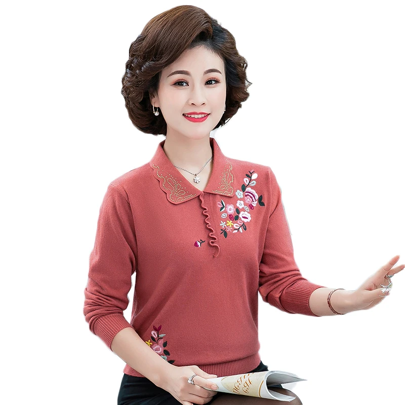 Middle-aged Women\'s Sweater Spring Autumn Long Sleeved Lapel Knit Pullover 4XL Mother Embroidery Knitting Sweater H44