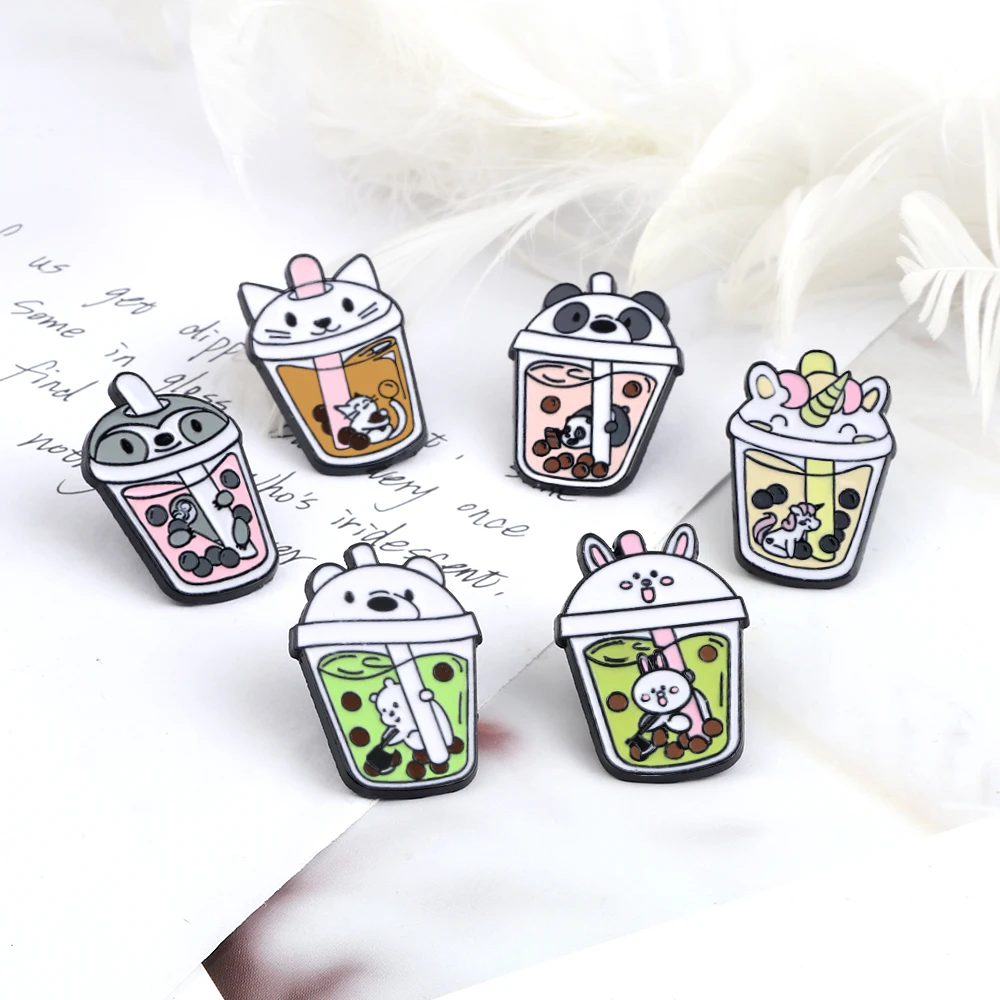 Funny Panda Bear Milk Tea Enamel Pins Badges Bubble Tea Cartoon Animals Cool Brooches Bag Clothes Lapel Jewelry Gift For Friends