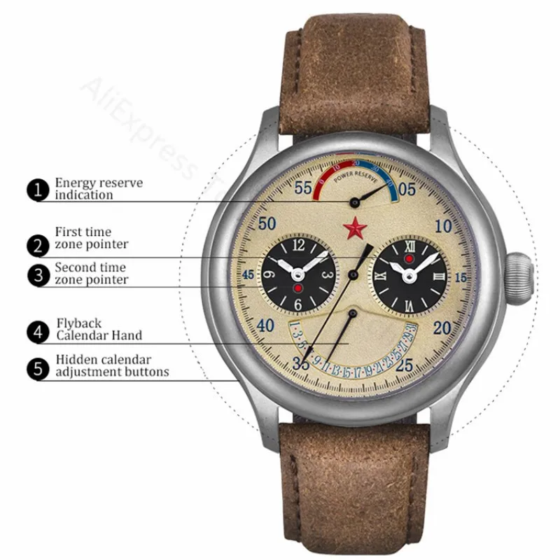 SEAKOSS Retro Pilot Men\'s Watch Dual Time Zone Automatic 1963 Movement Clock Chinese Military Men Chronograph Mechanical Watches