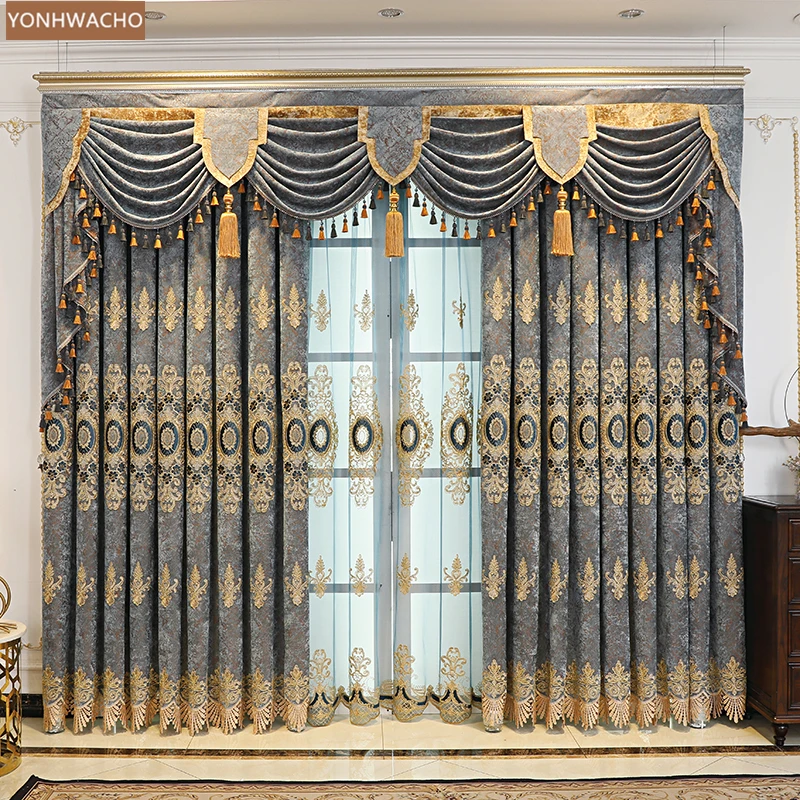 

Custom curtains Luxury American living room chenille shading villa blue cloth blackout curtain valance tulle drape C871