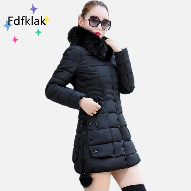 Fdfklak-abrigo grueso ajustado de talla grande para mujer, chaqueta de invierno de longitud media con cuello de piel coreana, Sudadera con capucha