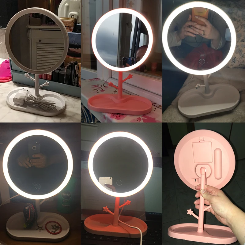 LED Makeup Mirror With Light Ladies Storage Makeup Lamp Desktop Vanity Mirror Round Shape Cosmetic Mirrors Women Christmas Gifts