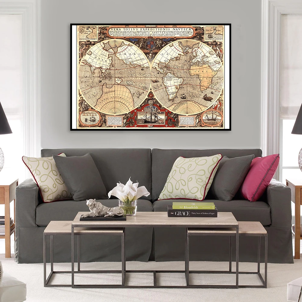 世界地図75*50cm,ヴィンテージキャンバス,壁画,アートポスター,学用品,リビングルームの家の装飾