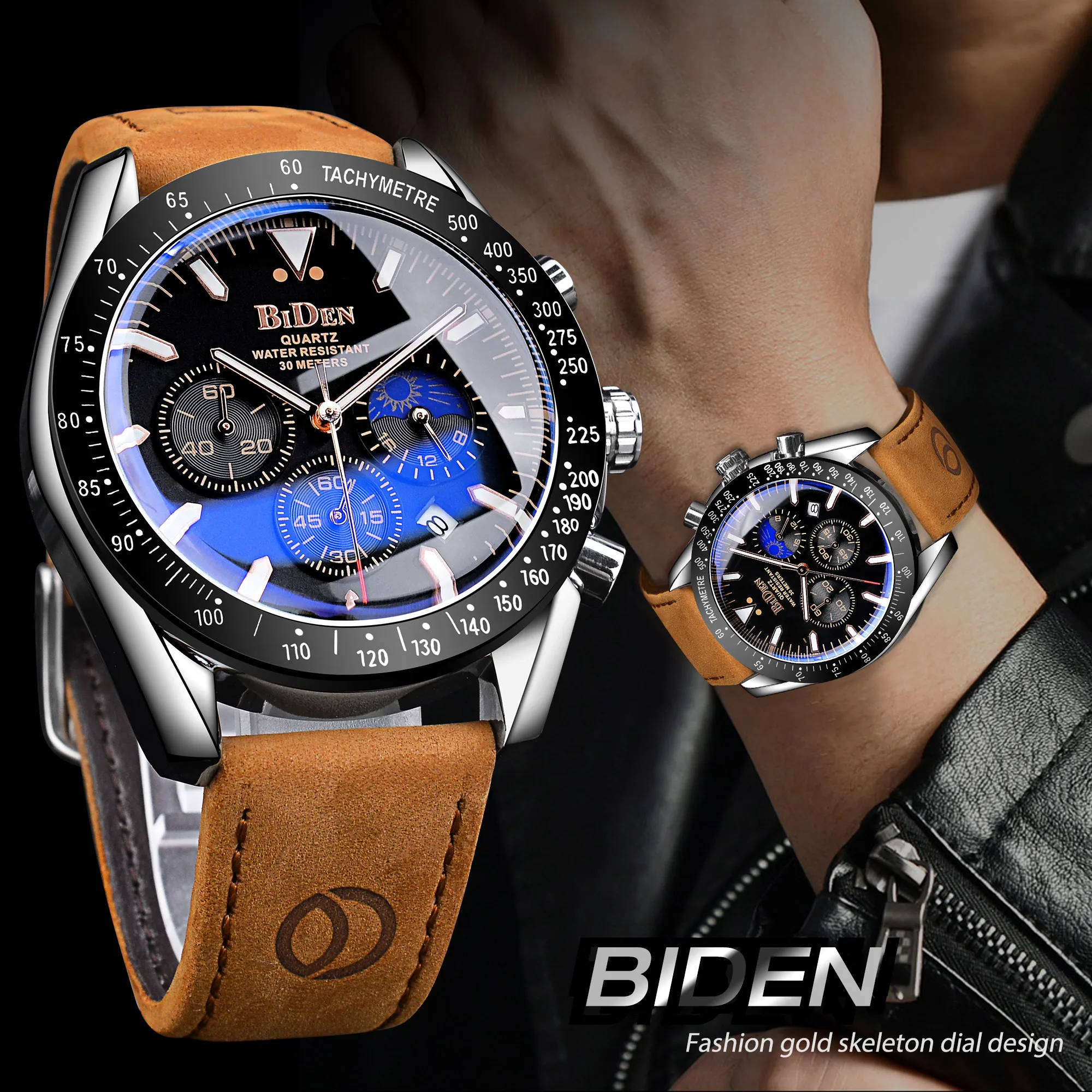 BIDEN orologio al quarzo automatico impermeabile da uomo stile sportivo orologi da polso militari uomo puntatori luminosi orologi in vera pelle