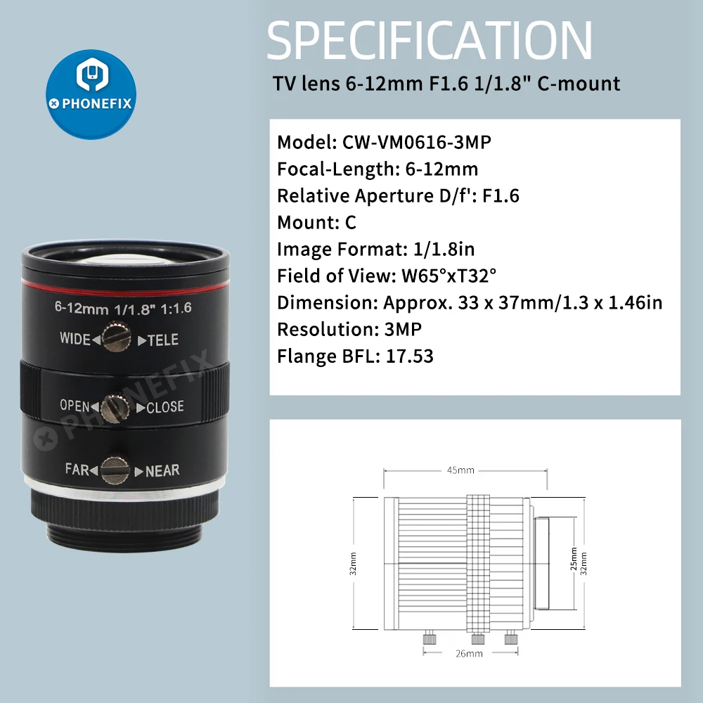 6-12มม.เลนส์กล้องอุตสาหกรรม,1/1.8 "3 Megapixel Iris ด้วยตนเอง,Varifocal โฟกัสคงที่เลนส์กล้องวงจรปิดสำหรับเครื่อง Vision กล้อง