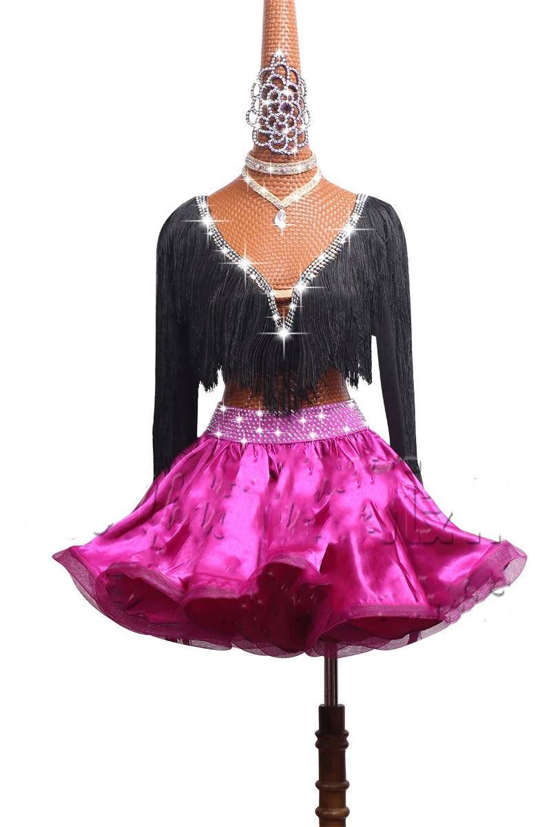 Latin Dance Competition Costume High-end Performing Costume Children\'s Black V-collar Long-sleeved Tassels Fishbone Skirt#LD0043