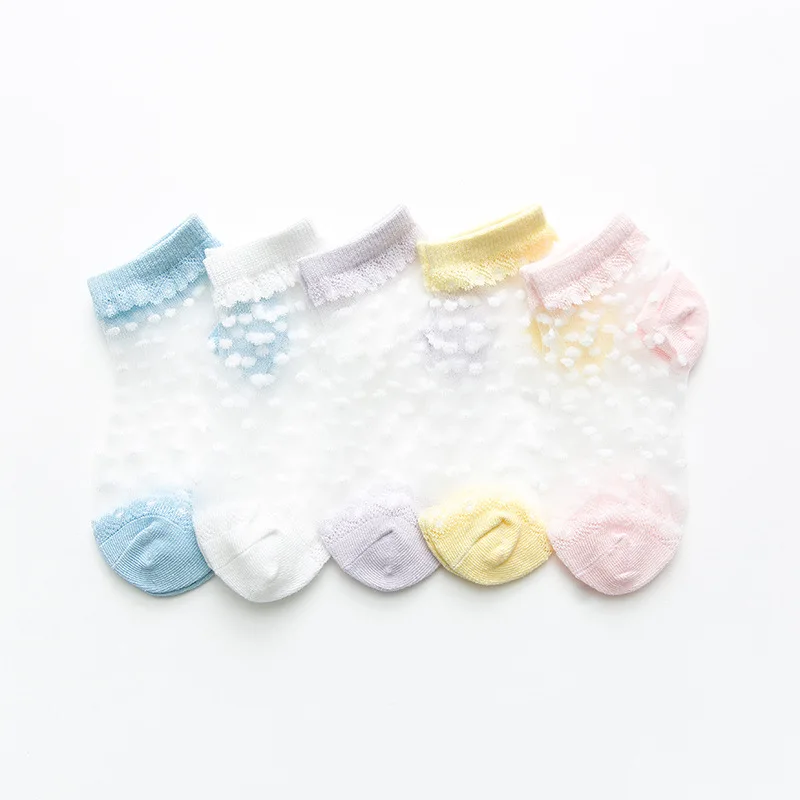 5 Pairs/Lot Summer Girls Socks Lovely Dot Crystal Silk Kids Socking Children Baby Girl Mesh Breathable Elastic Lace Sock