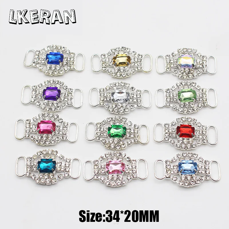 LKERAN 10Pcs 20*34mm Fashion Crystal Buckles Rhinestone Bikini Connector Ribbon Clothing Buckle