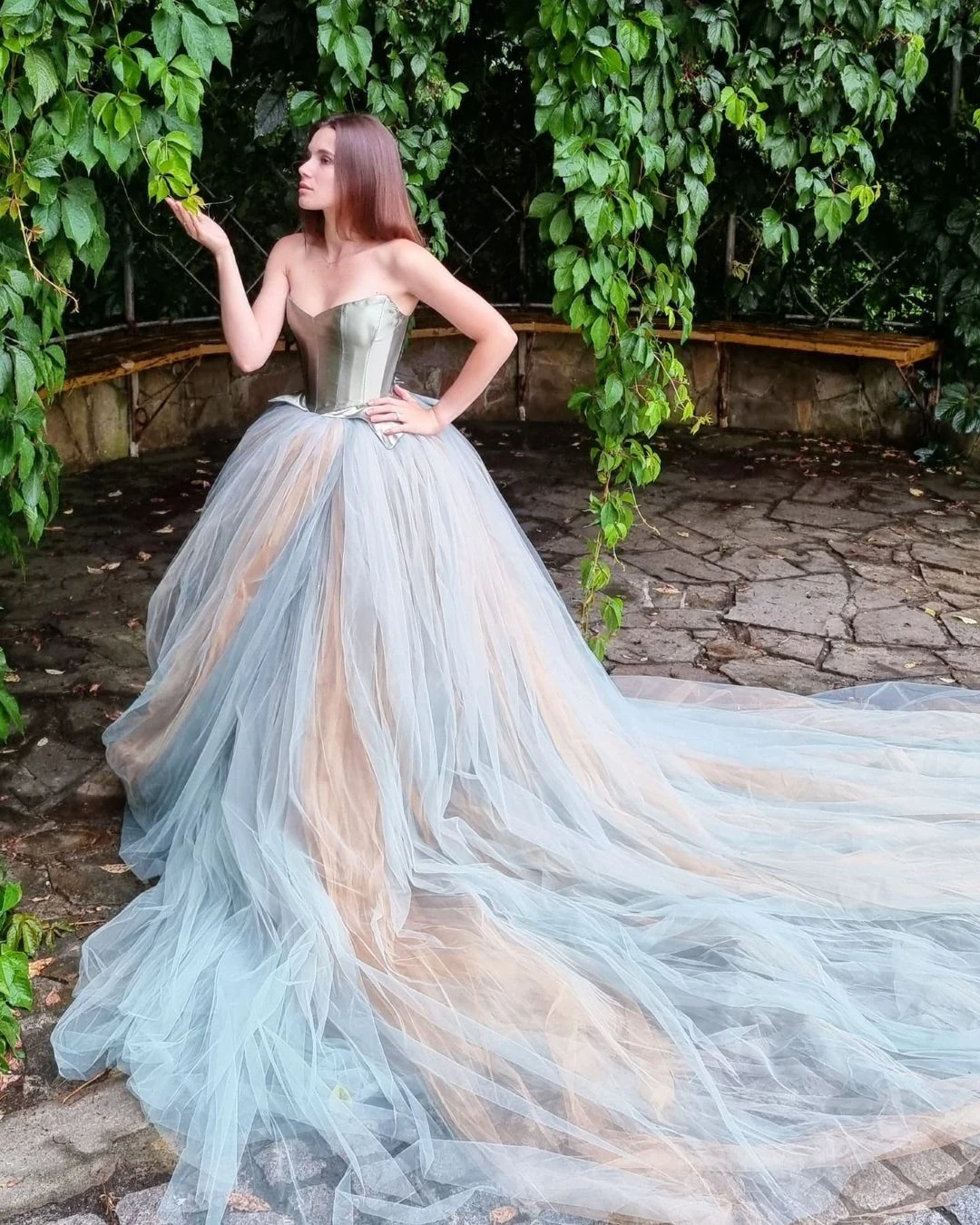 Silbrig Liebsten Schatz Top Prinzessin Kleid Lange Tüll A-Line Abendkleid Bunte Rauch Blau Prom Kleider Mit Zug